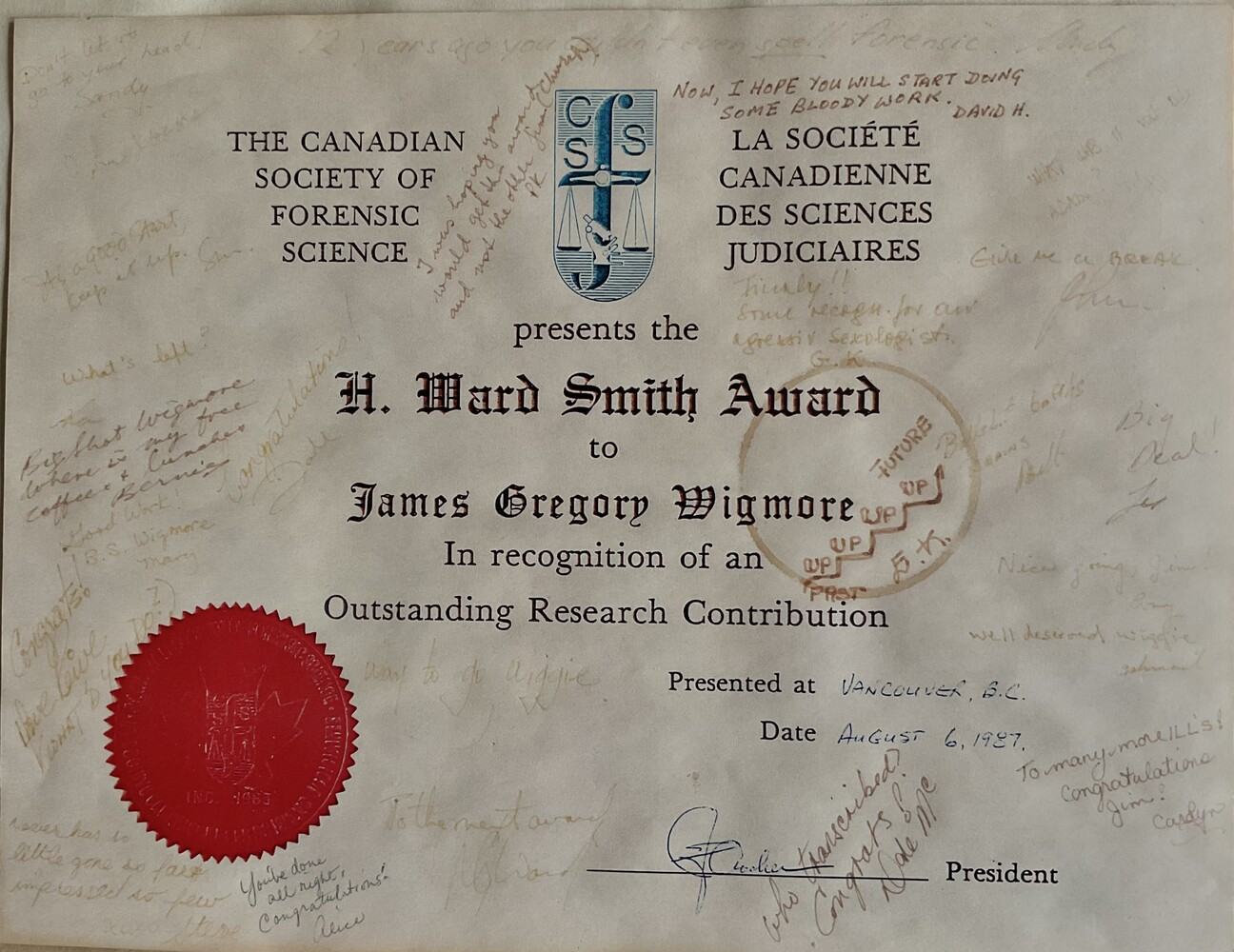 H. Ward Smith Award, colored copy with notes