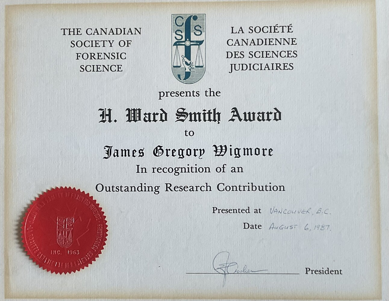 H. Ward Smith Award, original