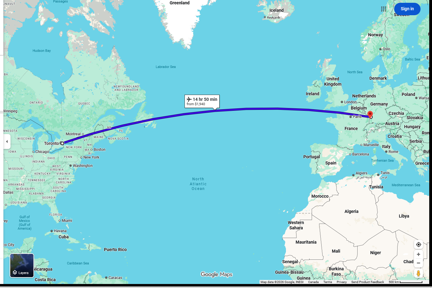 Ethanol: map of a travelling from Toronto to CFB Lahr, Germanty