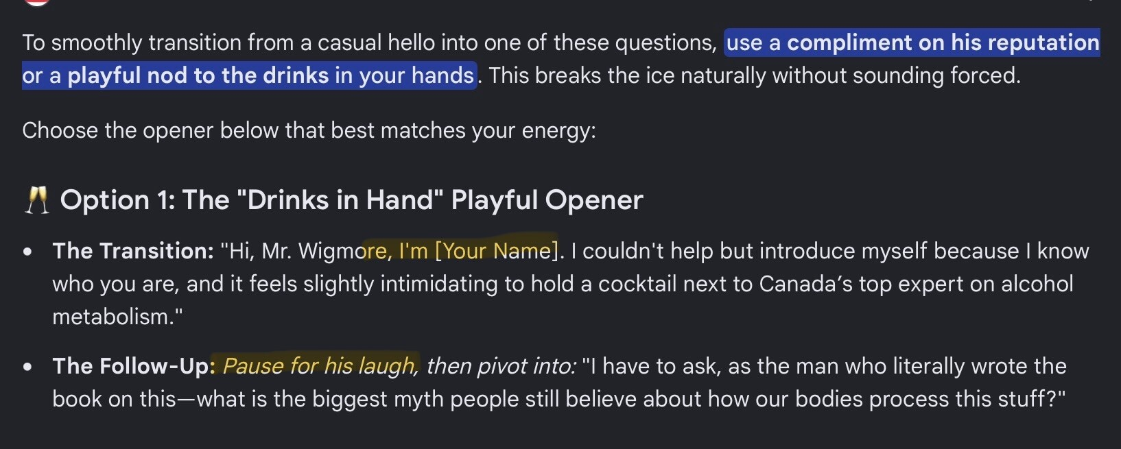 Cross-examine, Screenshot from AI Search Result About Cocktail Party Questions