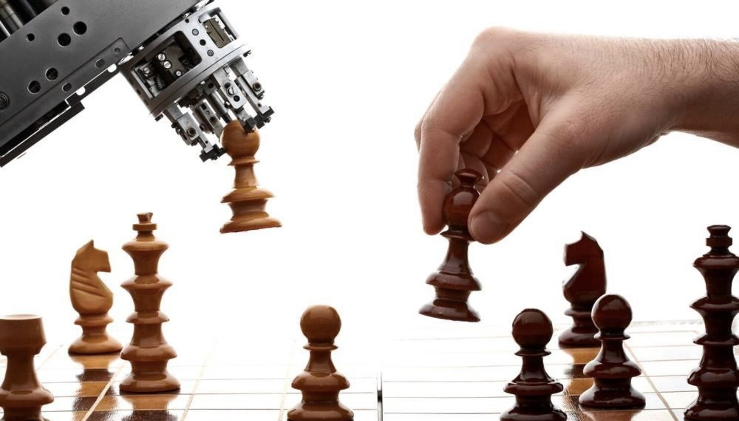 Cross-examine, Picture of Human and Robotic Hand Moving Figures Over Chessboard